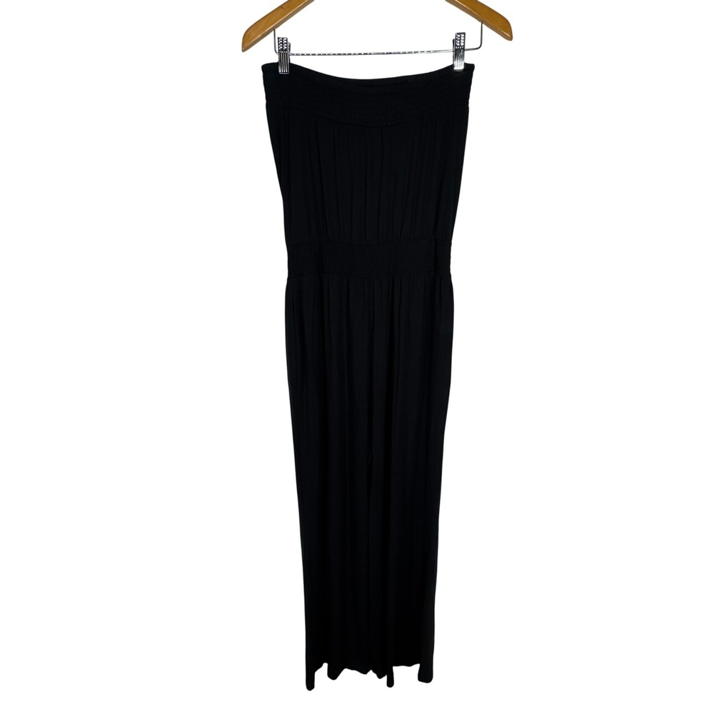 Soma Womens Smocked Strapless Wide Leg Jumpsuit Size M Black Stretch Loungewear